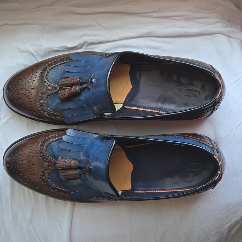 Santoni Brown and Navy Tassel Loafers.